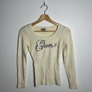 Y2K Guess Sweater Womens Medium White Scoop Neck Sequin Knit Pullover Fitted